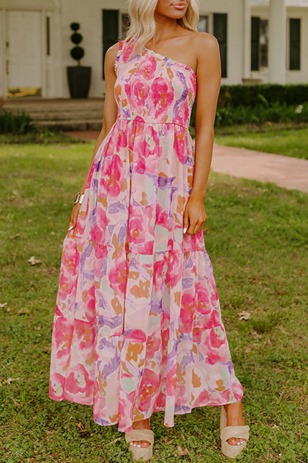 LivelyLooks Pink Abstract Floral Shirred One-Shoulder Maxi Dress women's fashion