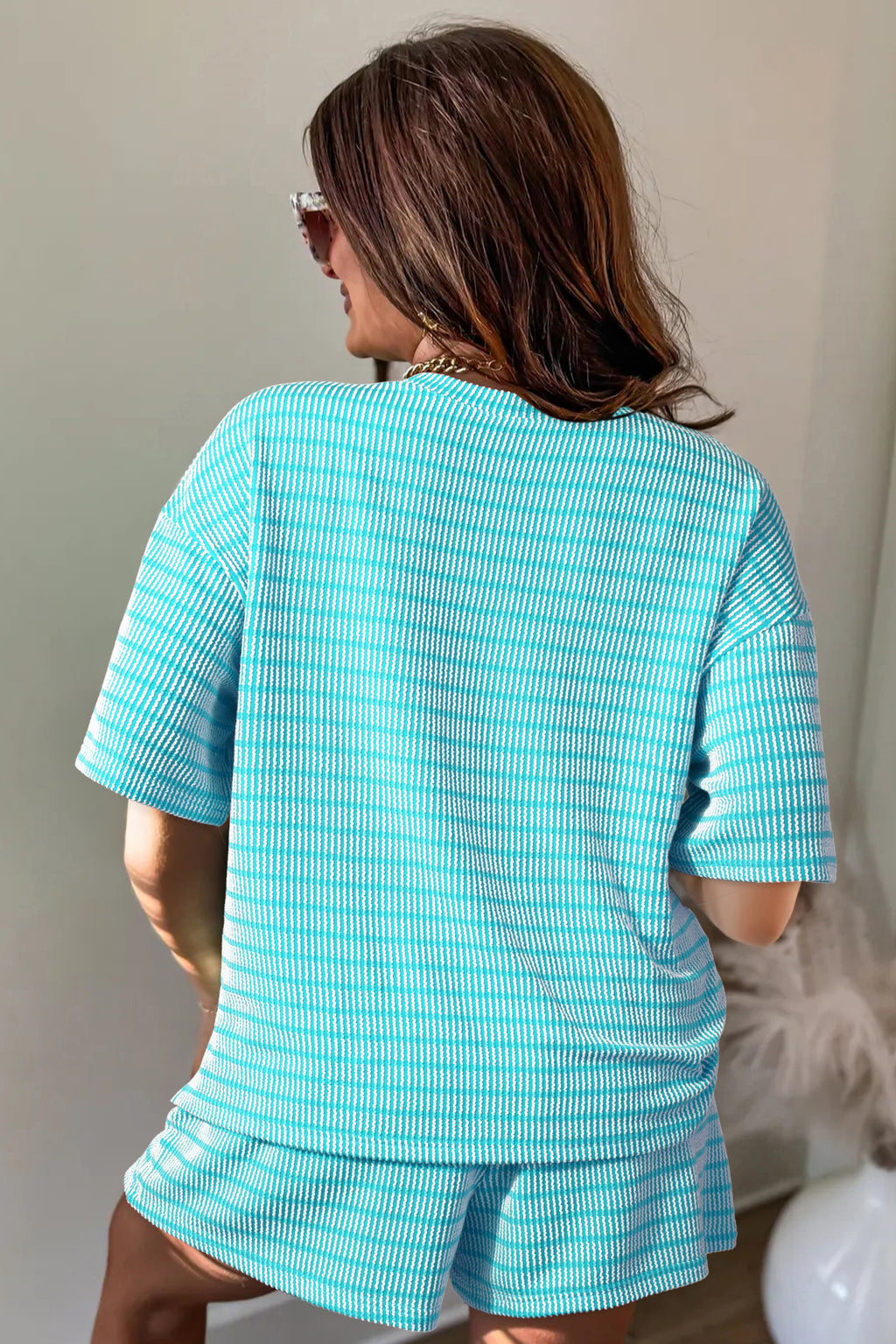 LivelyLooks Stripe Raised Rib Tee & Drawstring Shorts Set Women's S-XL women's fashion