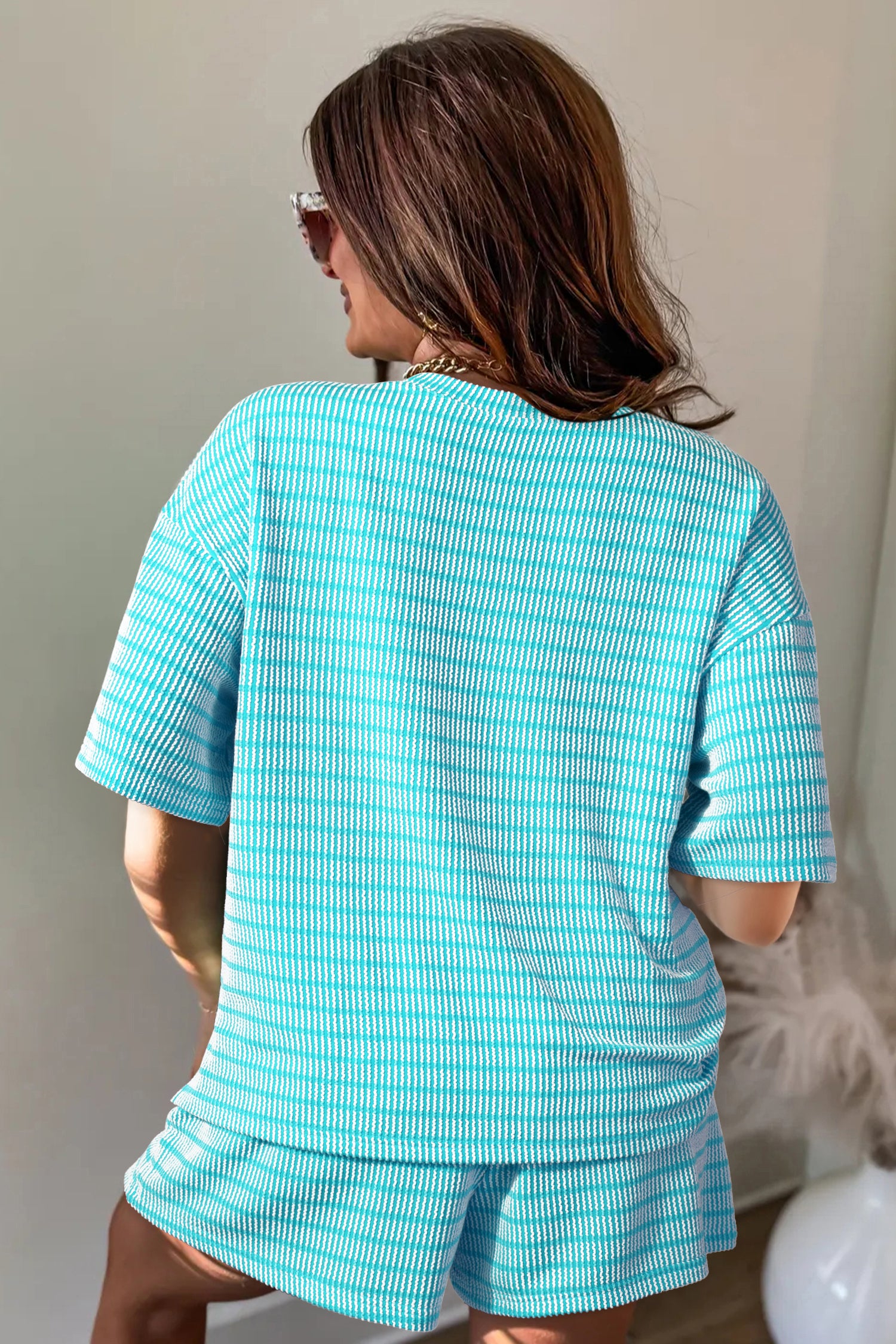 LivelyLooks Stripe Raised Rib Tee & Drawstring Shorts Set Women's S-XL women's fashion