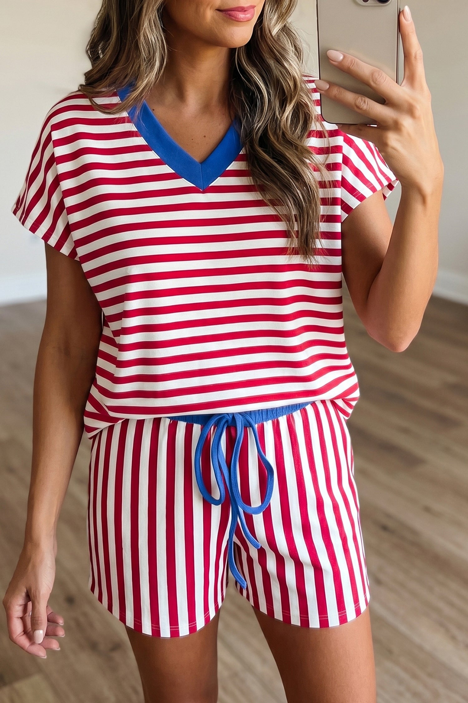 Shop Women's Stripe V-Neck Tee & Drawstring Shorts Set Contrast Trim S-XL at LivelyLooks