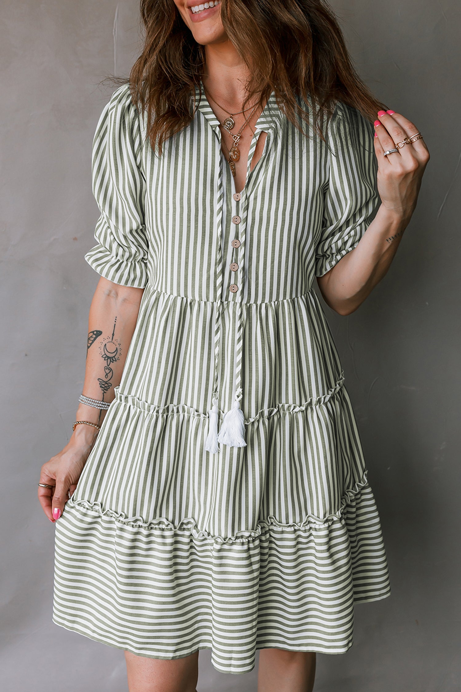 Green Stripe Tiered Dress Tasseled Tie Neck Ruffled Short Sleeve Women S-XL