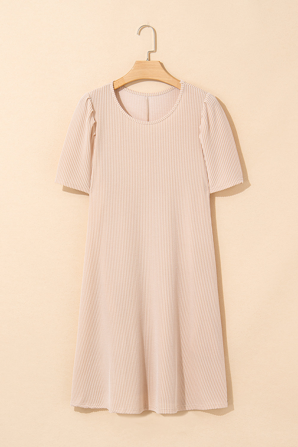 Corded Knit Crew Neck Puff Sleeve Shift Mini Dress S-XL