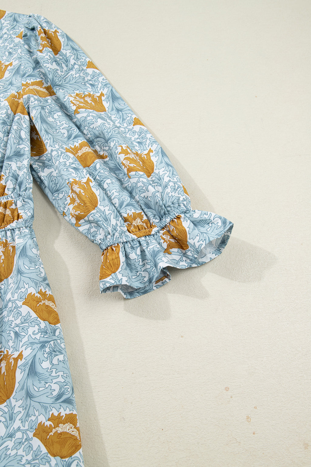 Floral Frilled V Neck Long Dress Bracelet Sleeve Brown Sky Blue Women S-XL