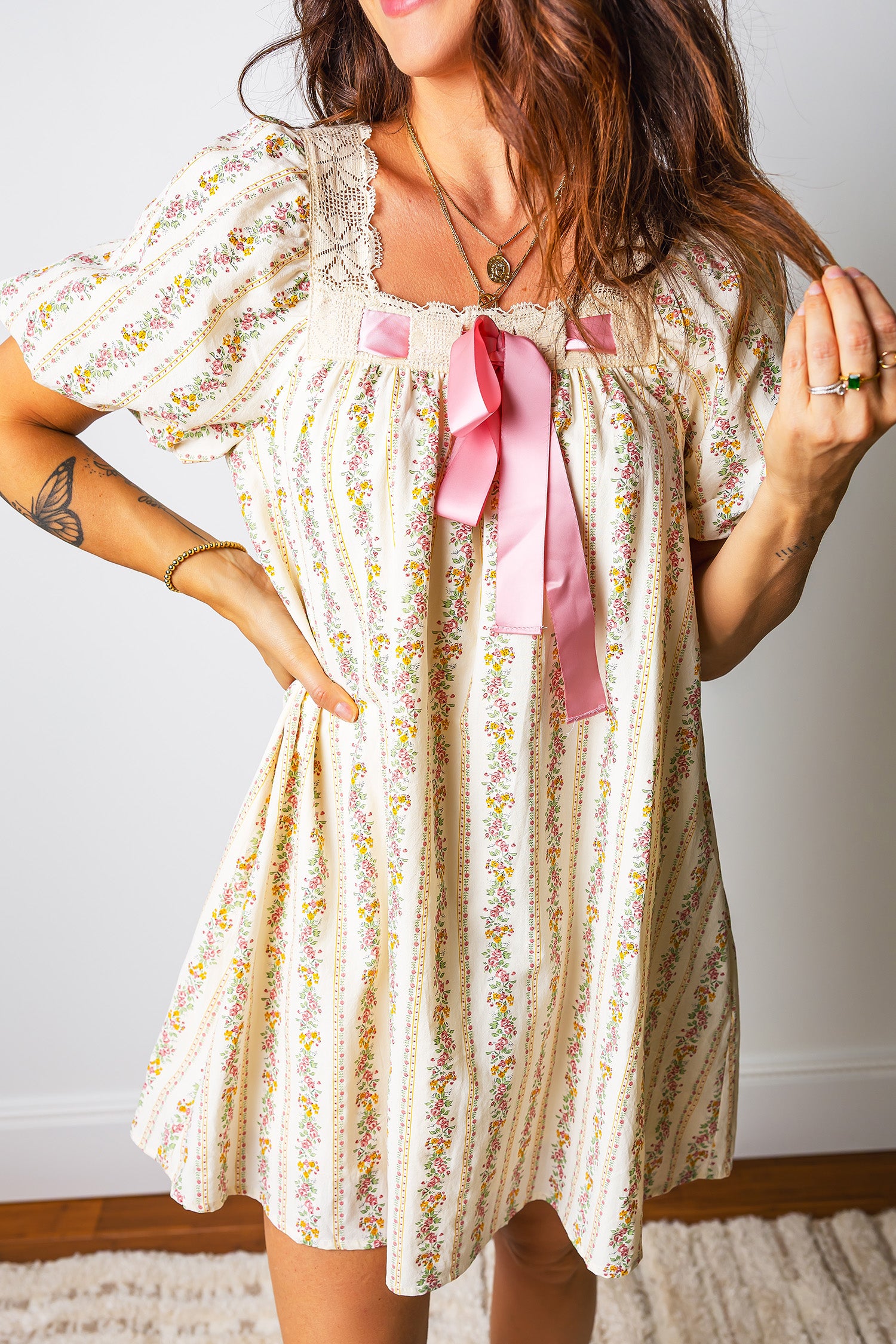 Multicolour Floral Ribbon Bow Lace Trim Square Neck Babydoll Mini Dress