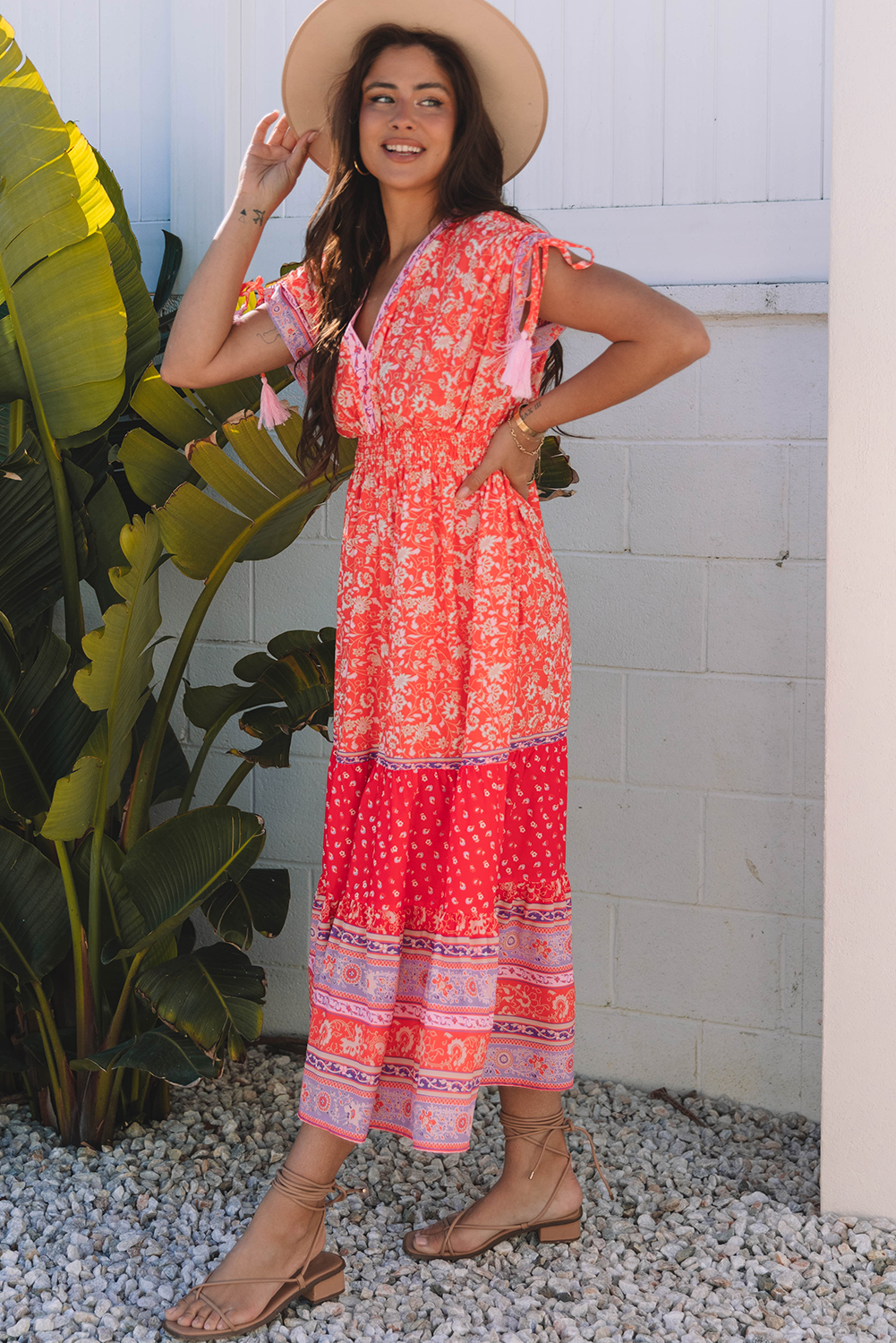 Shop Floral Print Tassel Tied Sleeve Empire Waist Boho Maxi Dress | S-XL at LivelyLooks