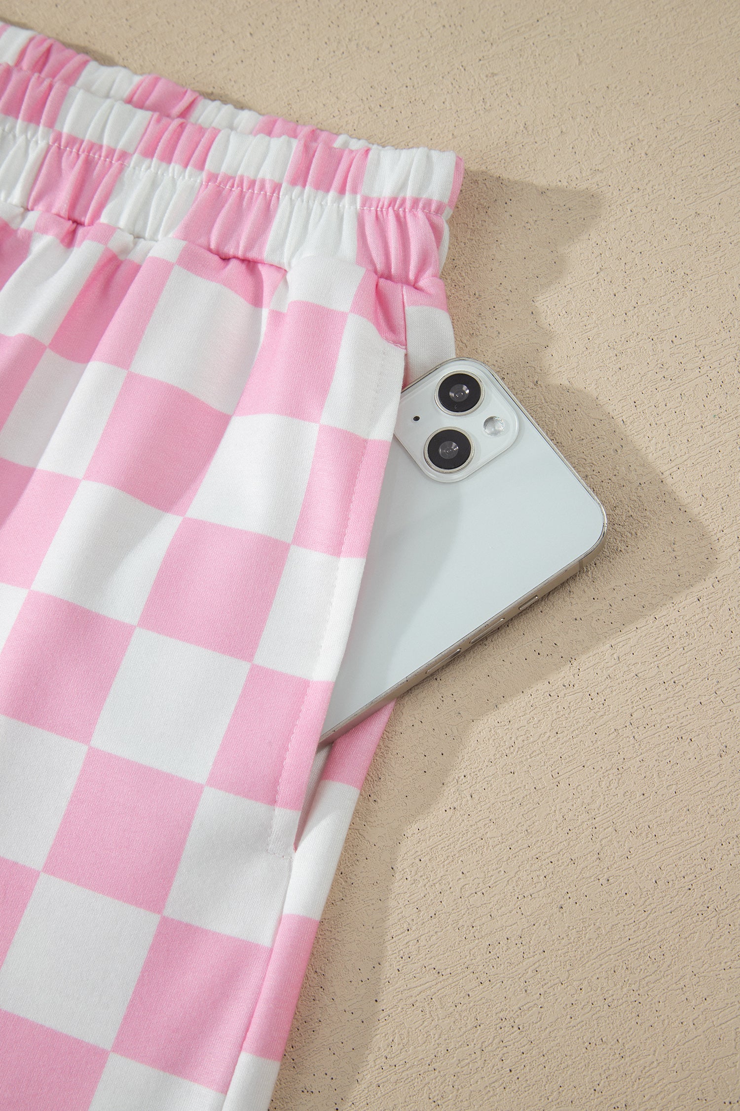 Shop Pink Checkered Print Colour Block Trim Mock Neck Short Set Two Piece Co-ord PJ at LivelyLooks