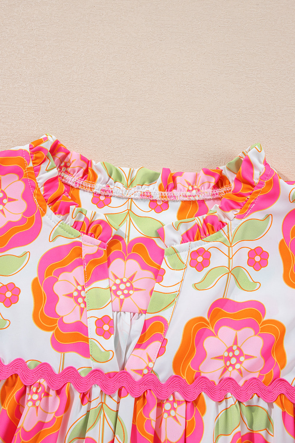 Women's Pink Floral Ruffled Sleeve Ric-rac Trim Split Neck Loose Blouse Summer Holiday Top at LivelyLooks