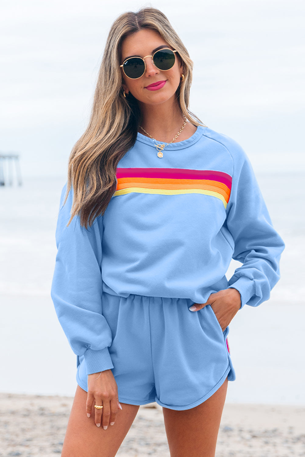LivelyLooks Striped Accent Pullover and Shorts Two Piece Co-ord Set Casual Summer Loungewear women's fashion