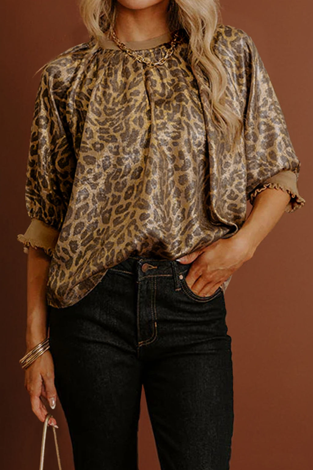 Gold Half Sleeve Metallic Leopard Print Blouse | UK 12–20