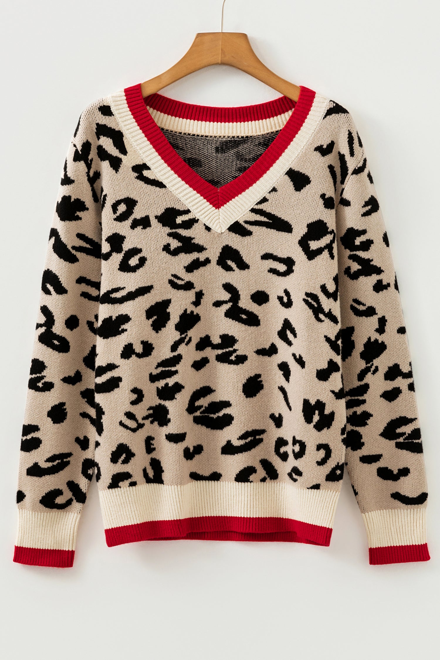 Khaki Leopard V-Neck Contrast Rib Knit Sweater | Sizes 8-22