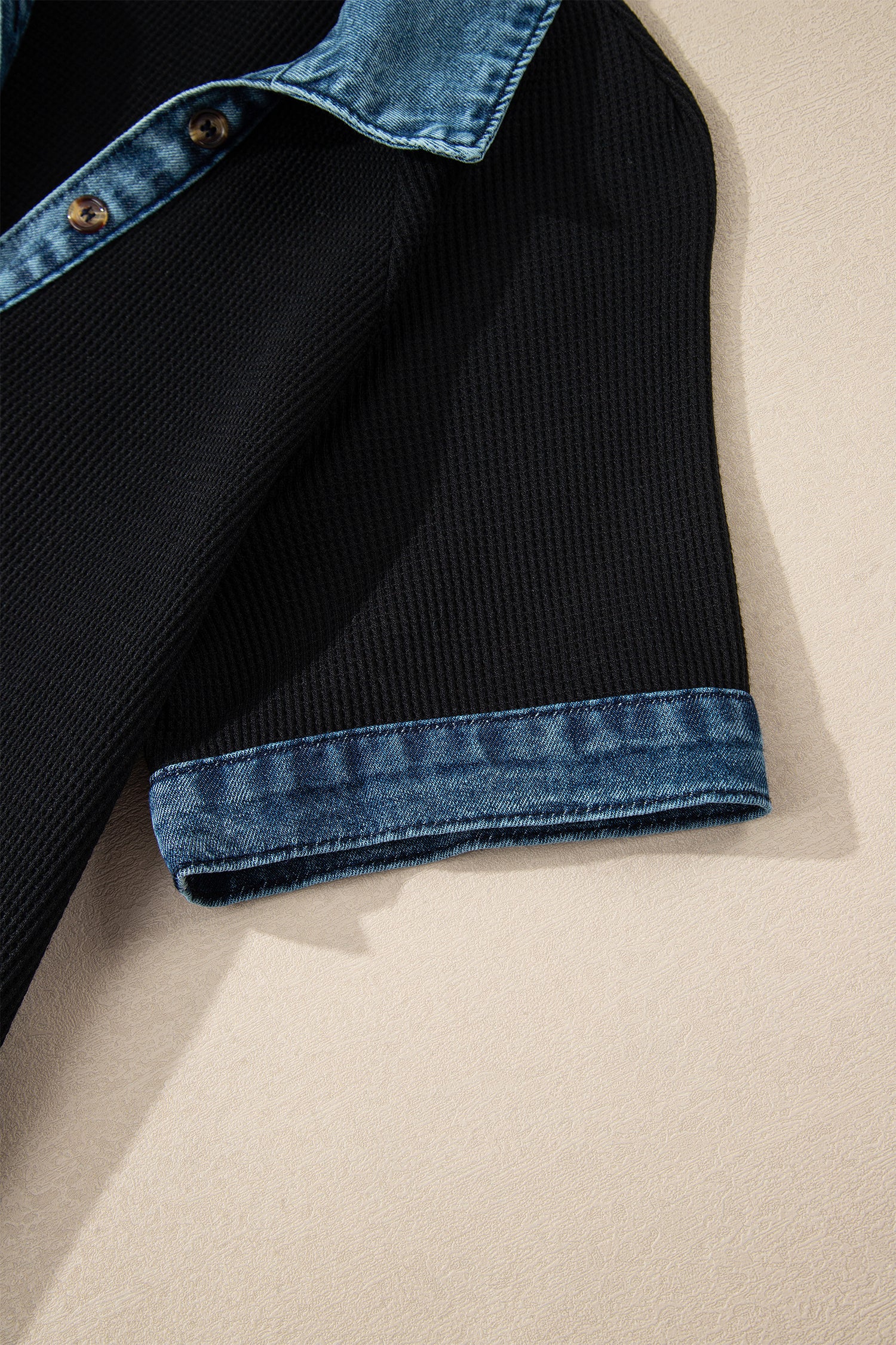 Black Waffle Knit Denim Contrast Trim Polo Button Tee Dress