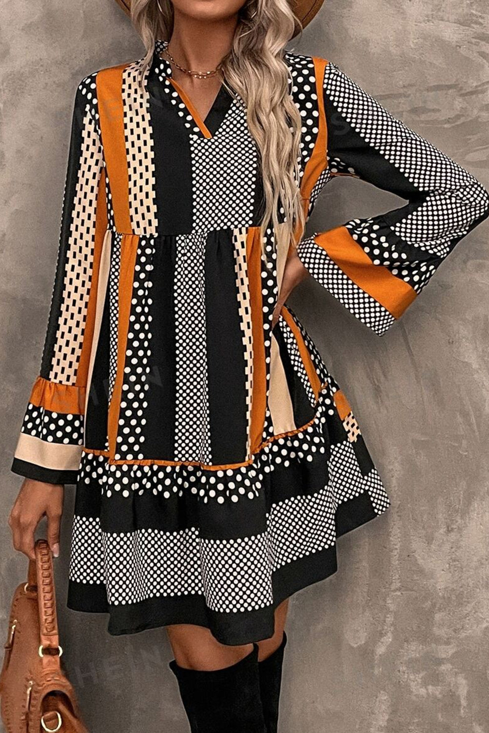 Black Striped Polka Dot Print Ruffle Hem V Neck Mini Dress S-XL