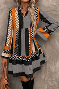 Black Striped Polka Dot Print Ruffle Hem V Neck Mini Dress S-XL
