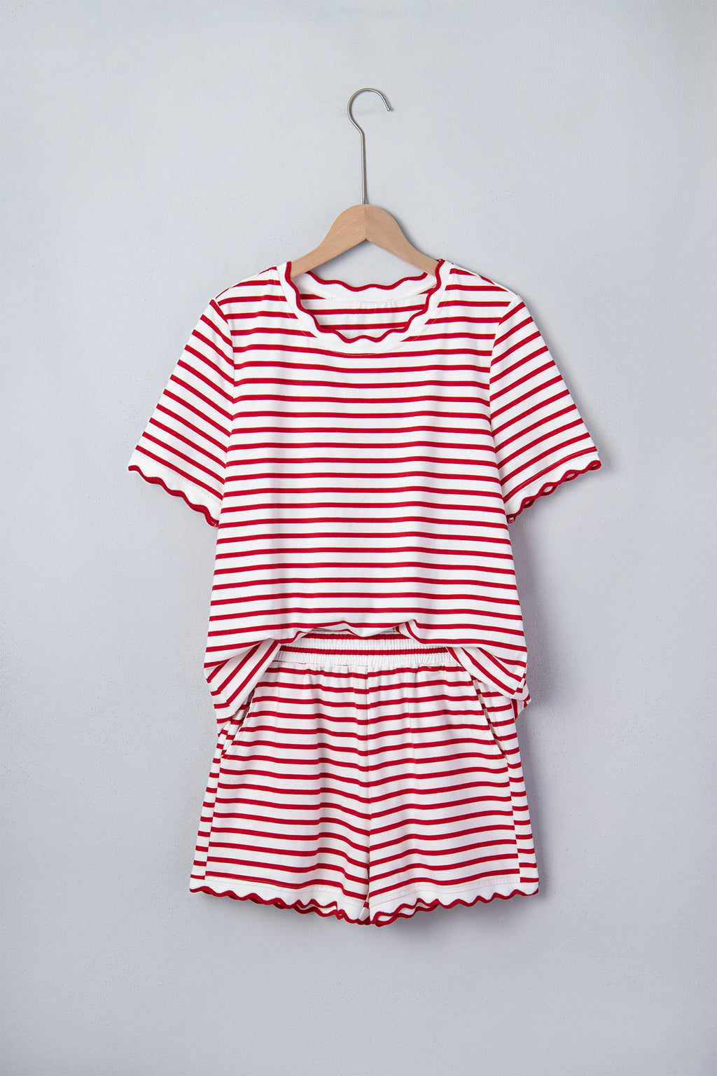 Red Stripe Scallop Trim Casual Top & Shorts Set | UK 8–16