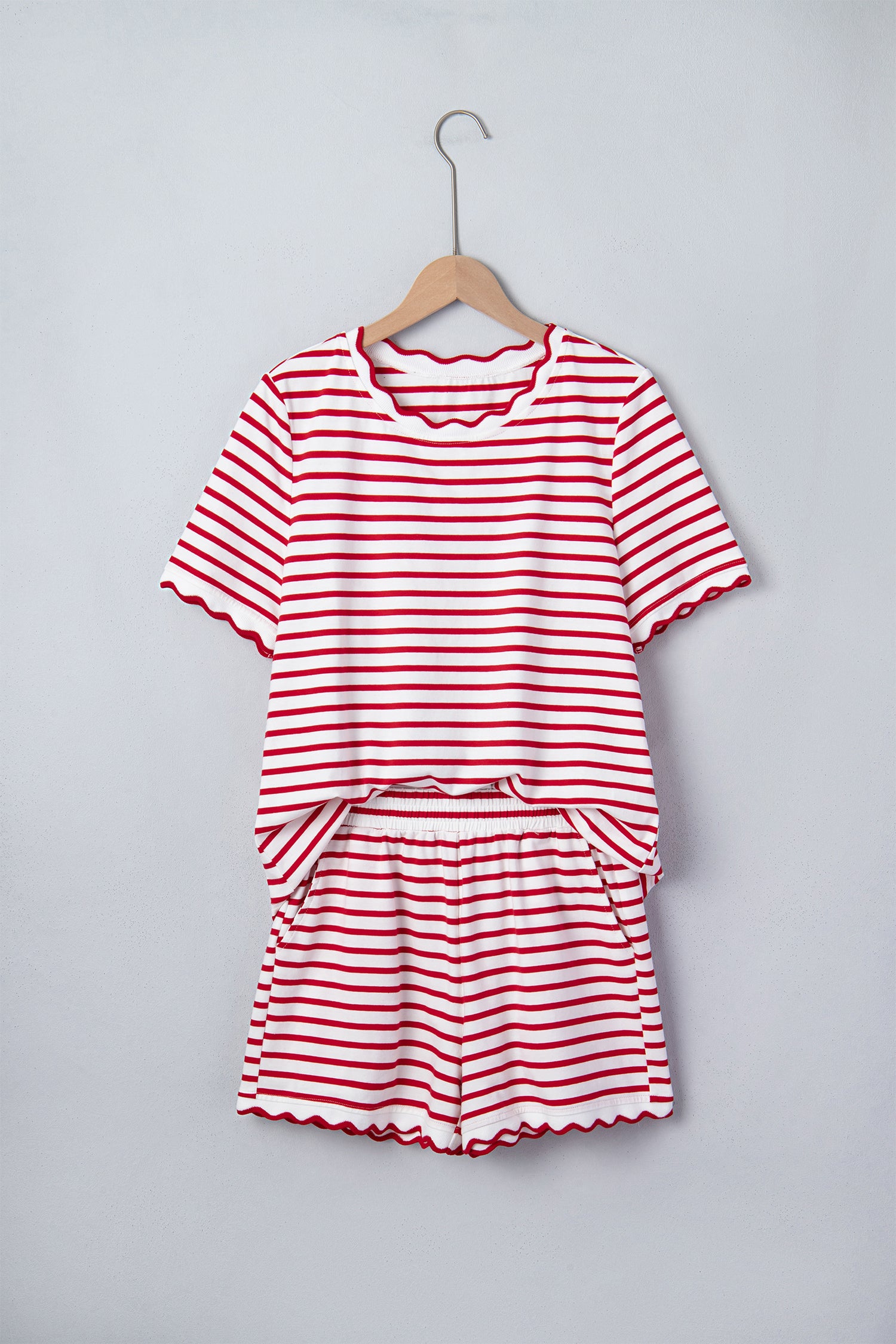 Red Stripe Scallop Trim Casual Top & Shorts Set | UK 8–16