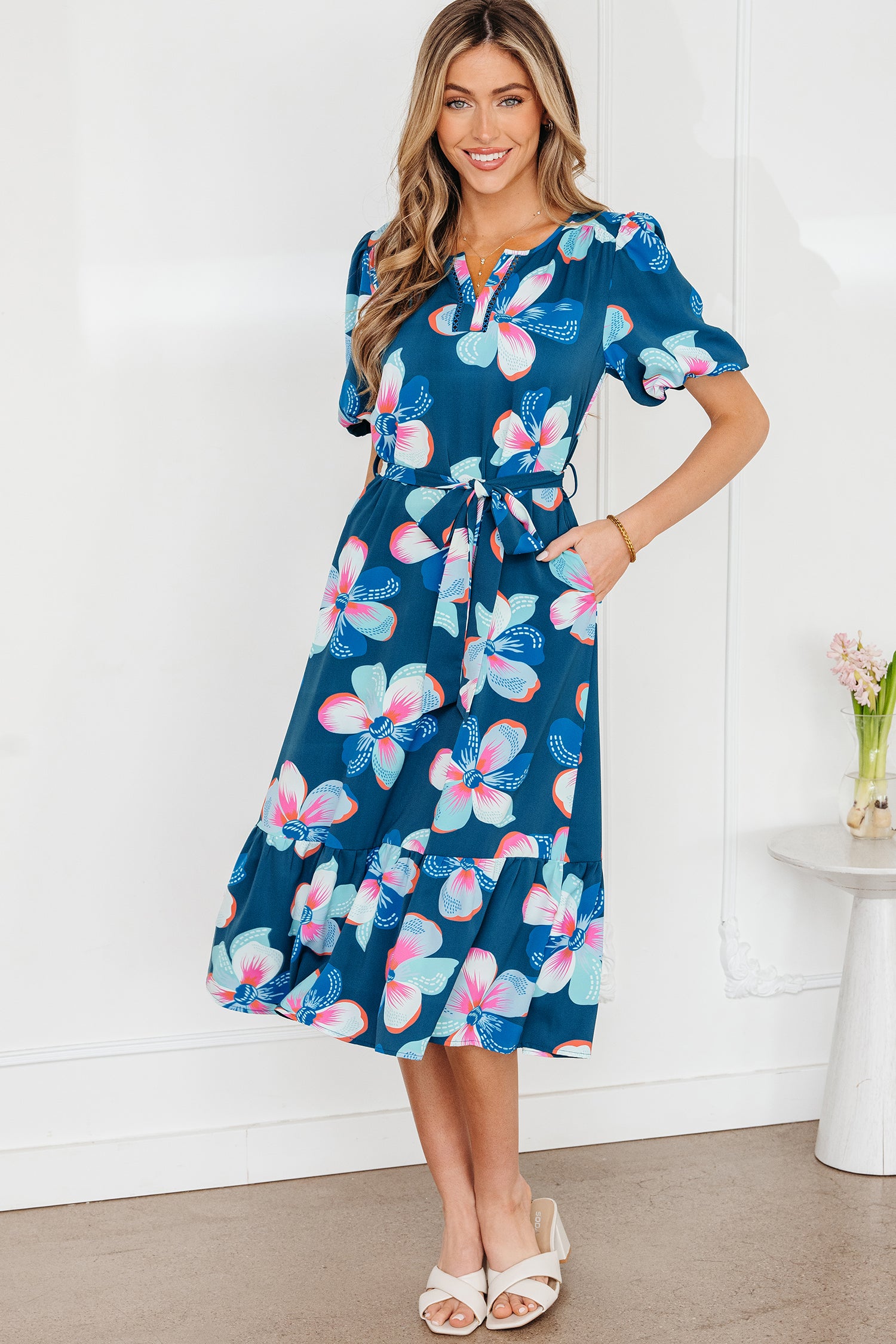 Blue Floral Puff Sleeve Ruffle Hem Belted Long Dress S-XL