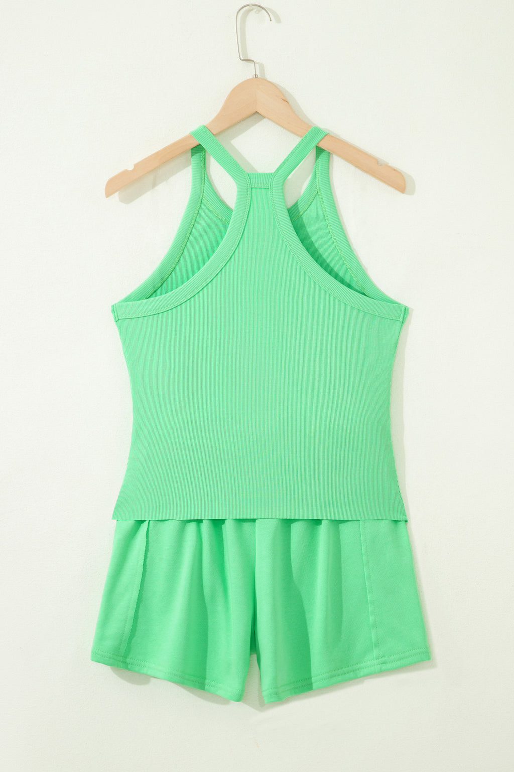 Ribbed Slim Tank Top & High Waist Shorts Set – Sky Blue, Pink & Green