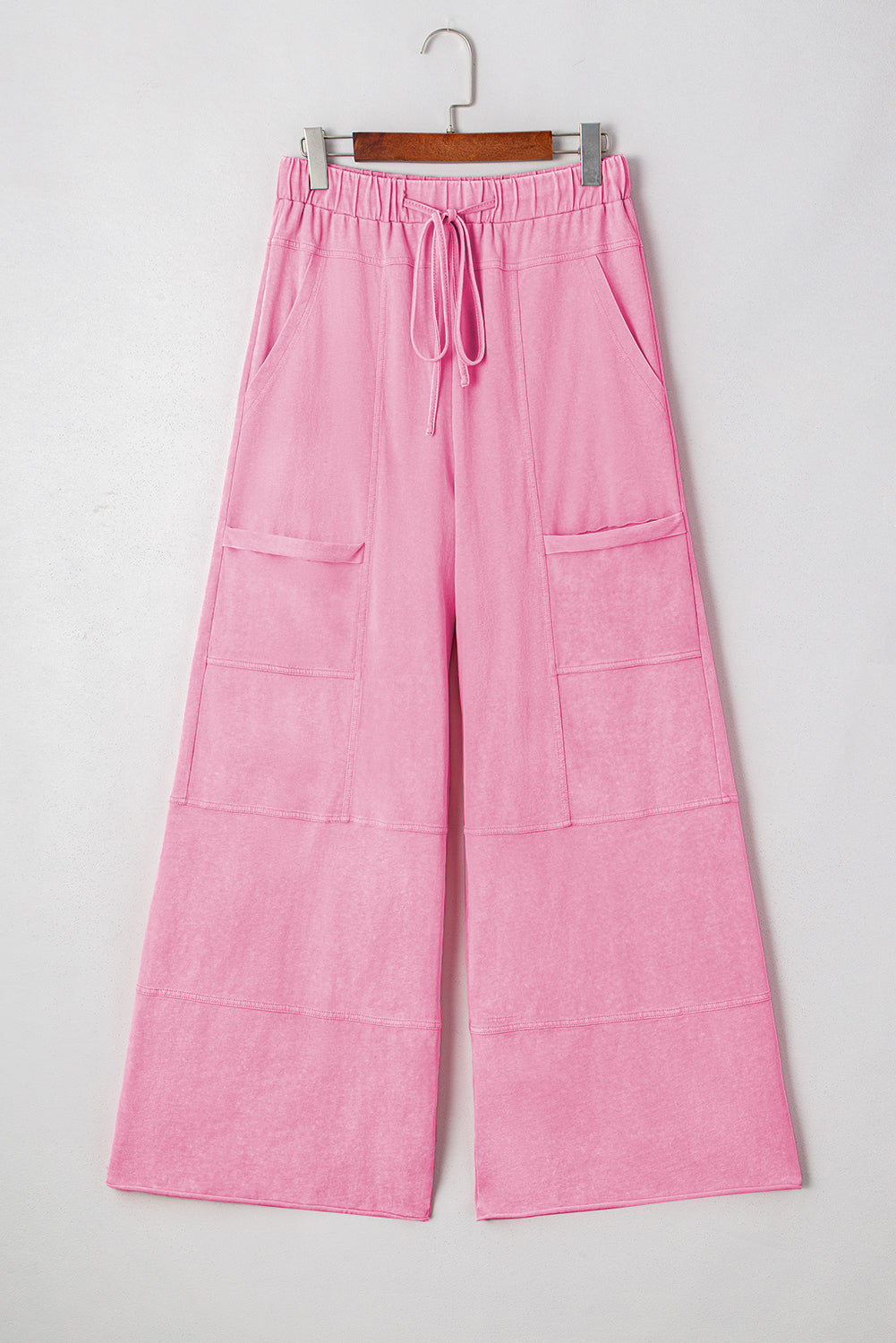 Women's Pink Mineral Wash Exposed Seam Drawstring Elastic Waistband Wide Leg Cargo Trousers at LivelyLooks