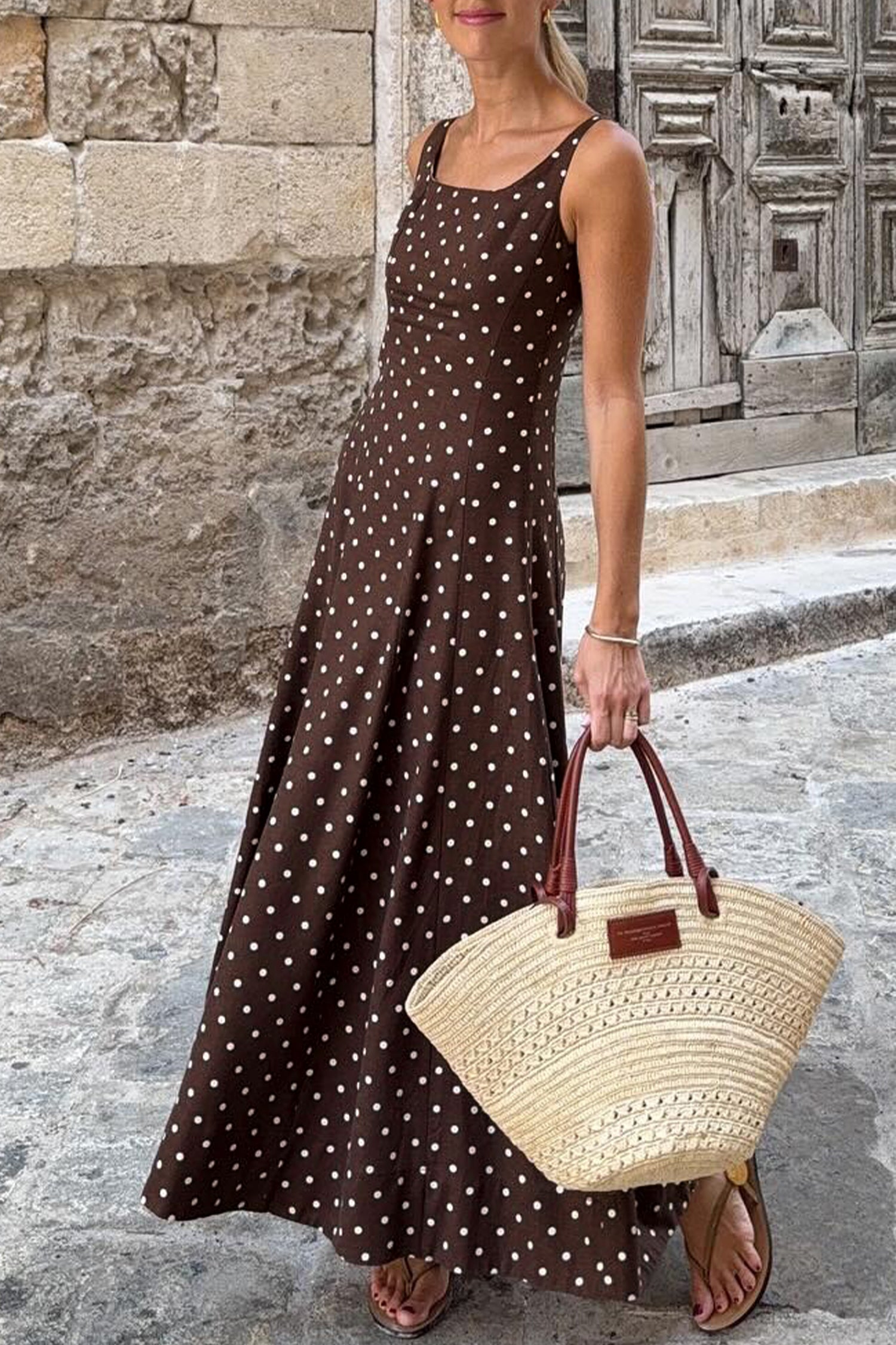 Brown Polka Dot Maxi Dress Square Neck Sleeveless Vacation Women S-XL