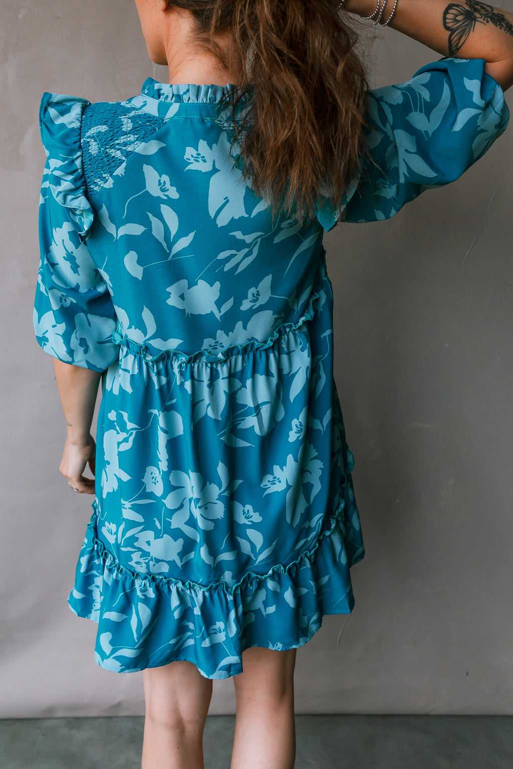Blue Floral Half Sleeve Tiered Ruffle Mini Dress | A-Line Summer