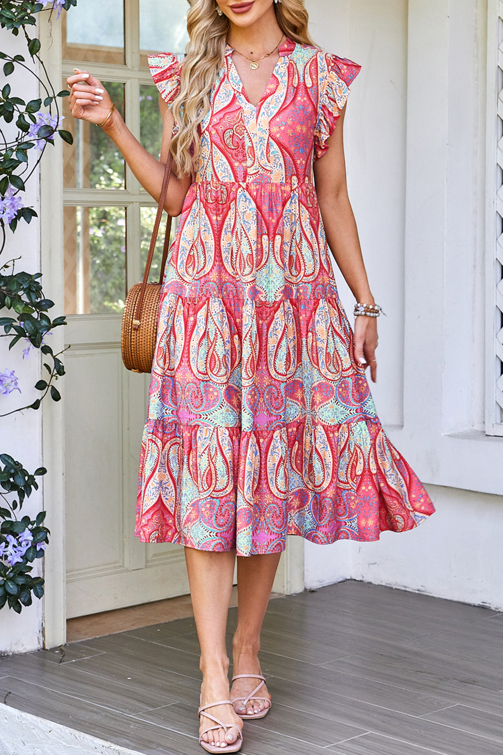 Shop Boho Paisley Print Ruffle Sleeve Notch Neck Midi Dress | S-XL at LivelyLooks