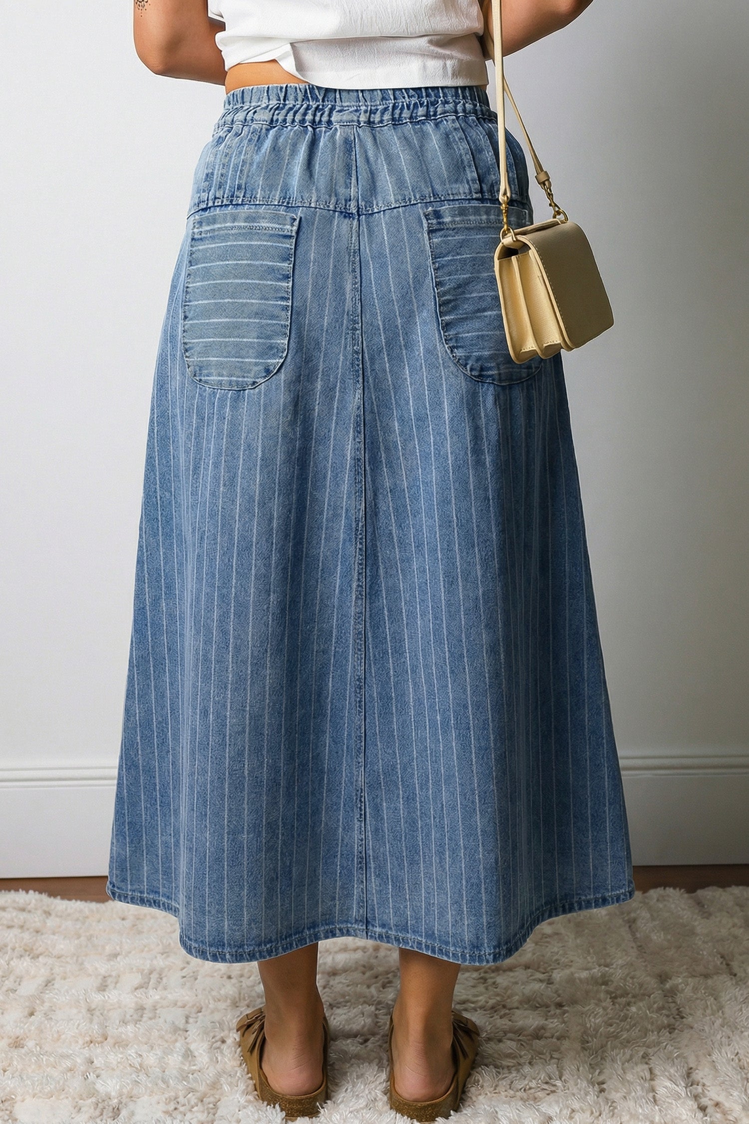 Sky Blue Stripe Pintuck High Waist Drawstring Denim Midi Skirt