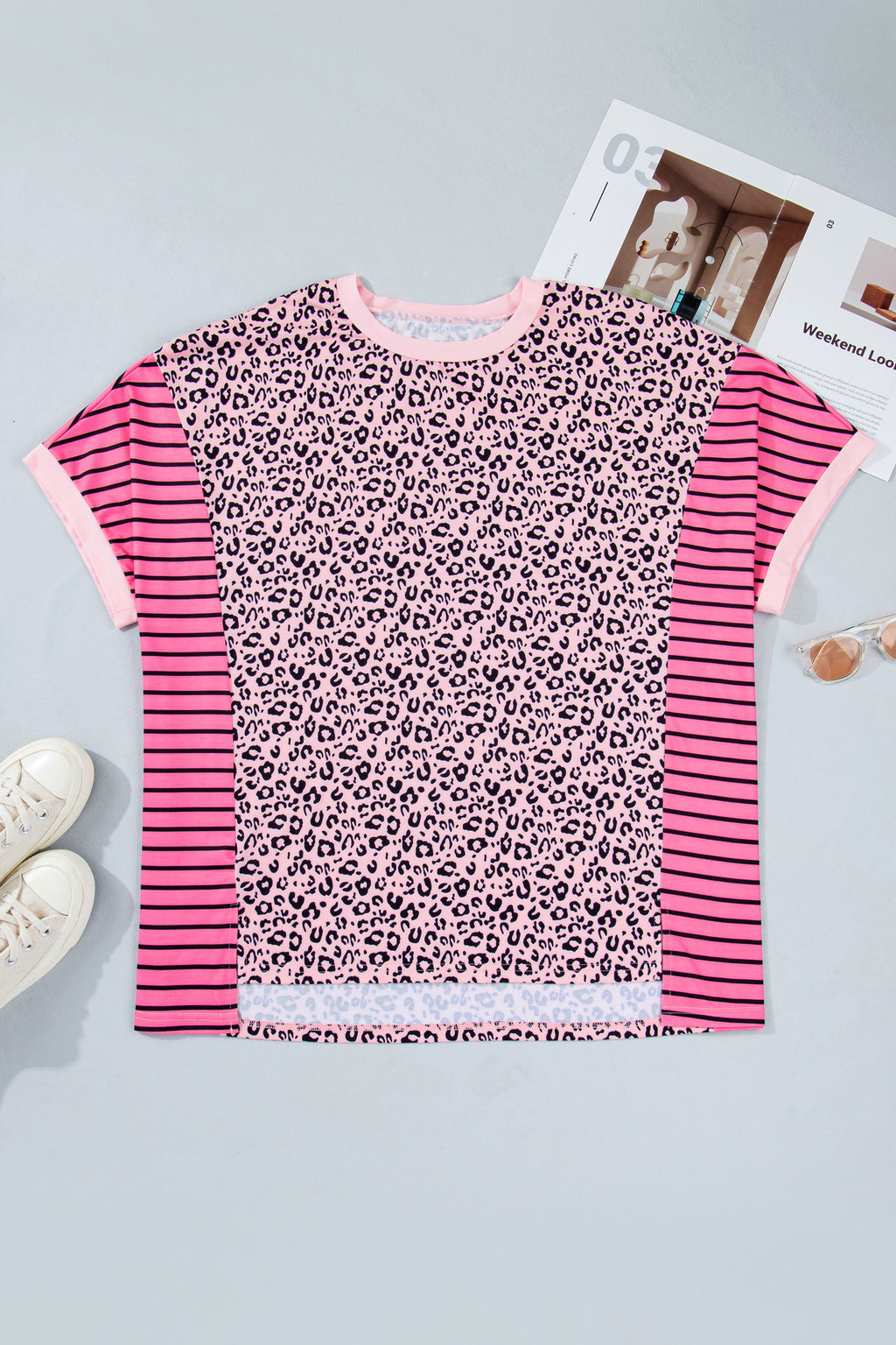 Women's Pink Leopard Striped Contrast Patchwork Plus Size Tee at LivelyLooks