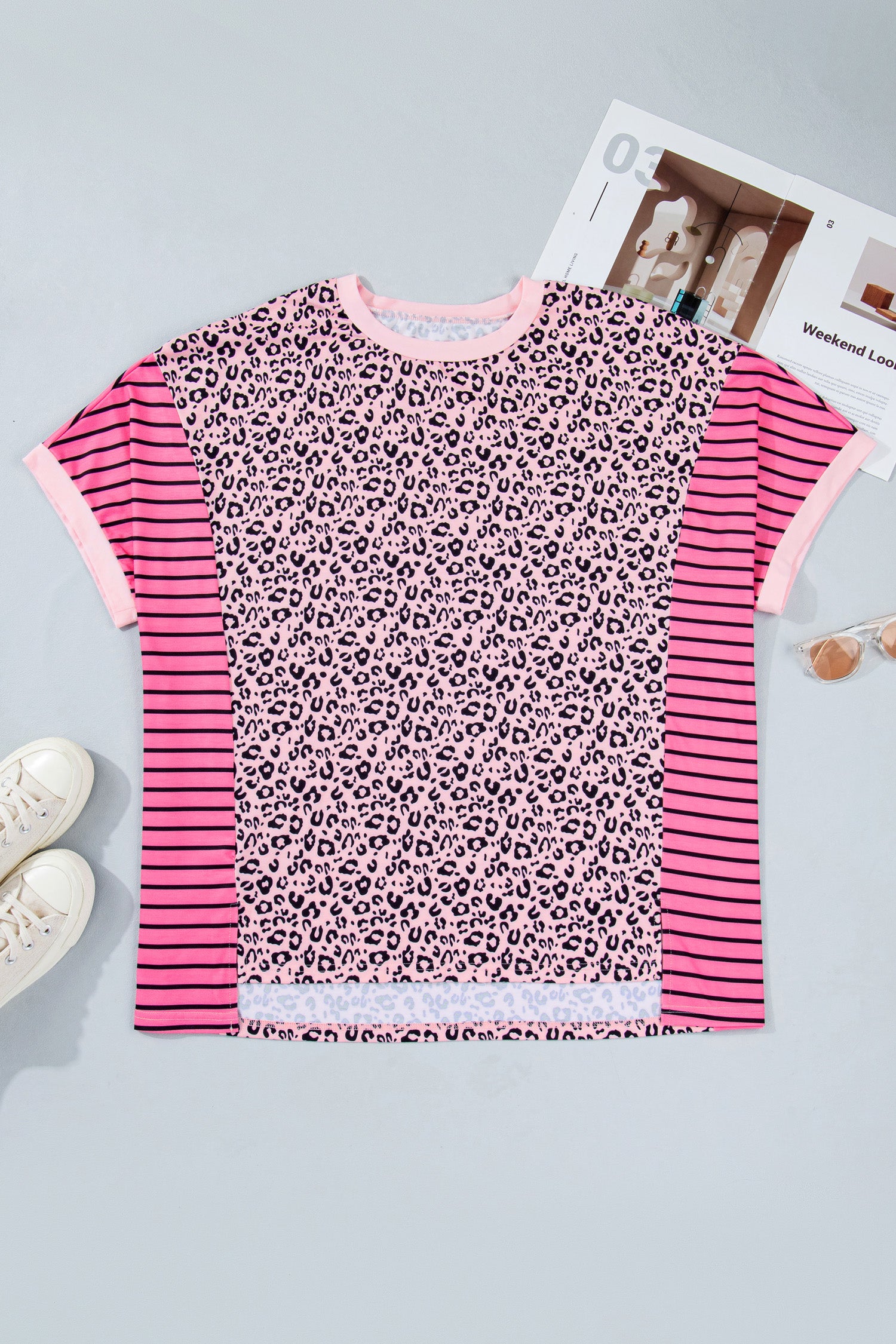 Women's Pink Leopard Striped Contrast Patchwork Plus Size Tee at LivelyLooks