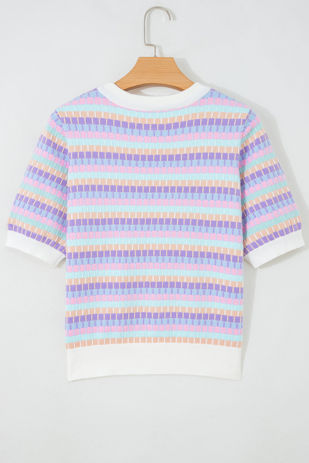 Women's Rose Red Abstract Stripe Knit Short Sleeve Sweater at LivelyLooks