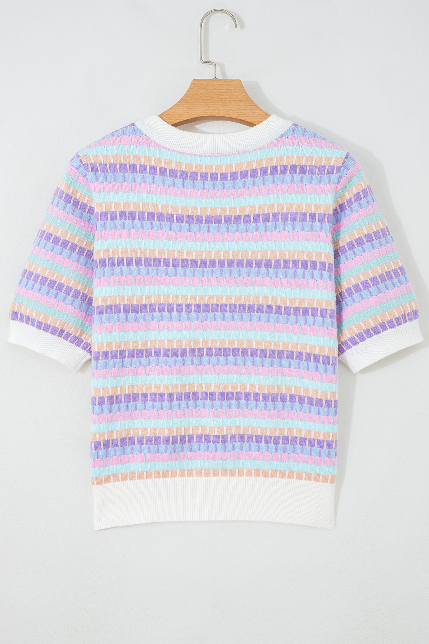 Women's Rose Red Abstract Stripe Knit Short Sleeve Sweater at LivelyLooks