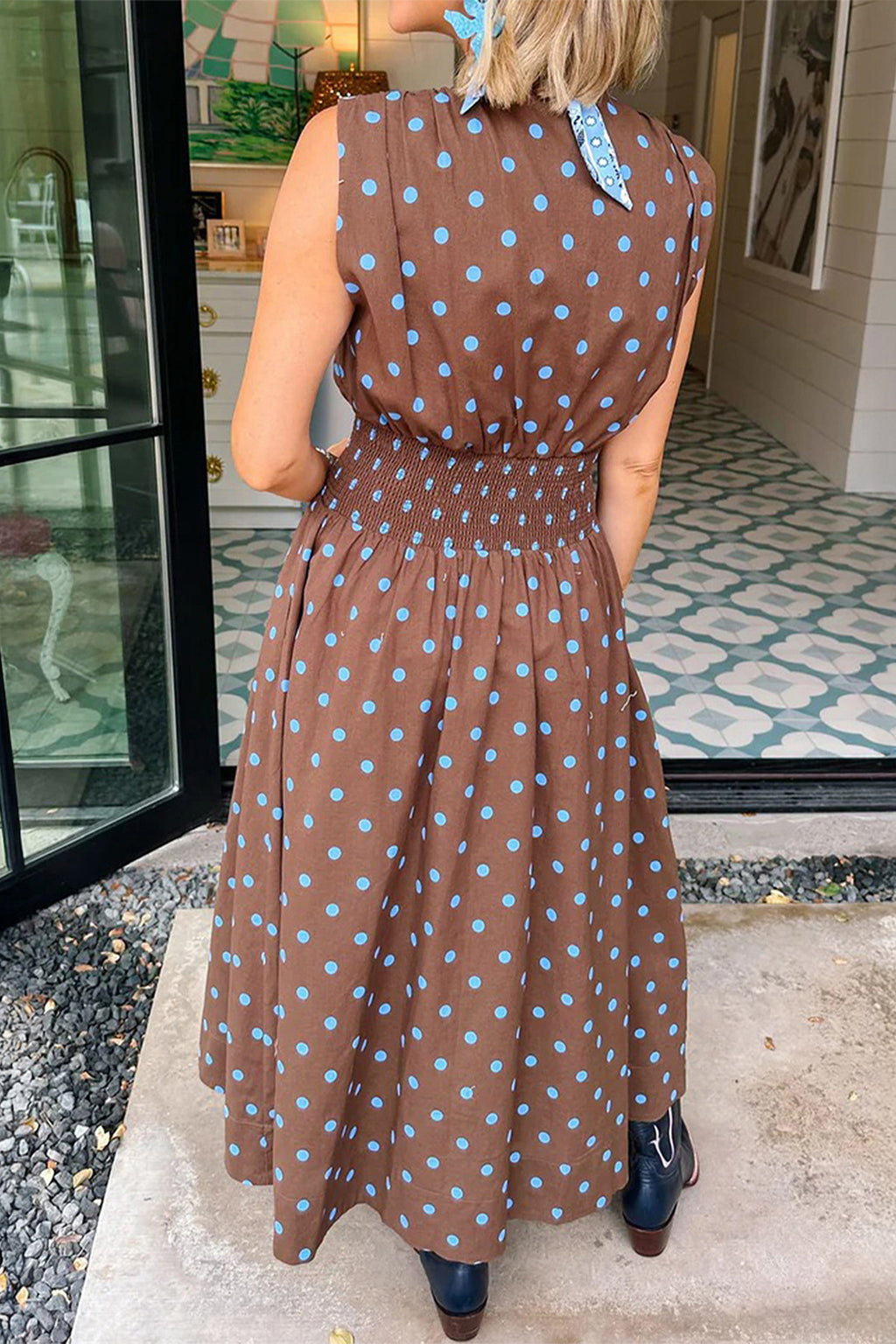 Brown & Black Polka Dot Contrast Trim V Neck Zip Up Sleeveless Dress S-XL