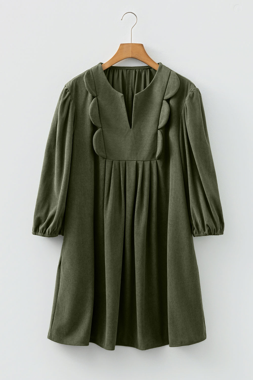Corduroy Mini Dress Scallop Detail Split Neck Bracelet Sleeve Moss Green Cinnamon S-XL