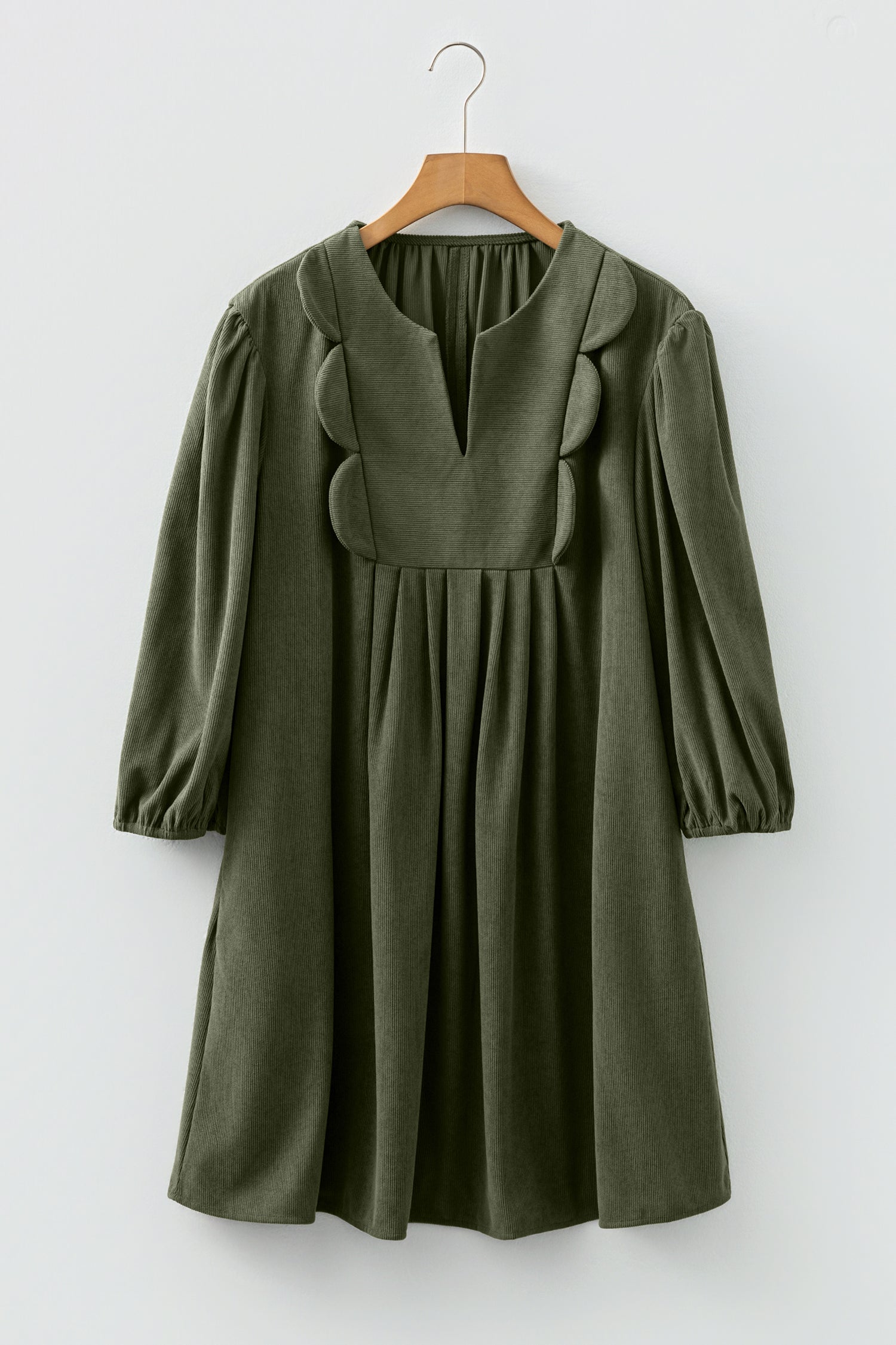 Corduroy Mini Dress Scallop Detail Split Neck Bracelet Sleeve Moss Green Cinnamon S-XL