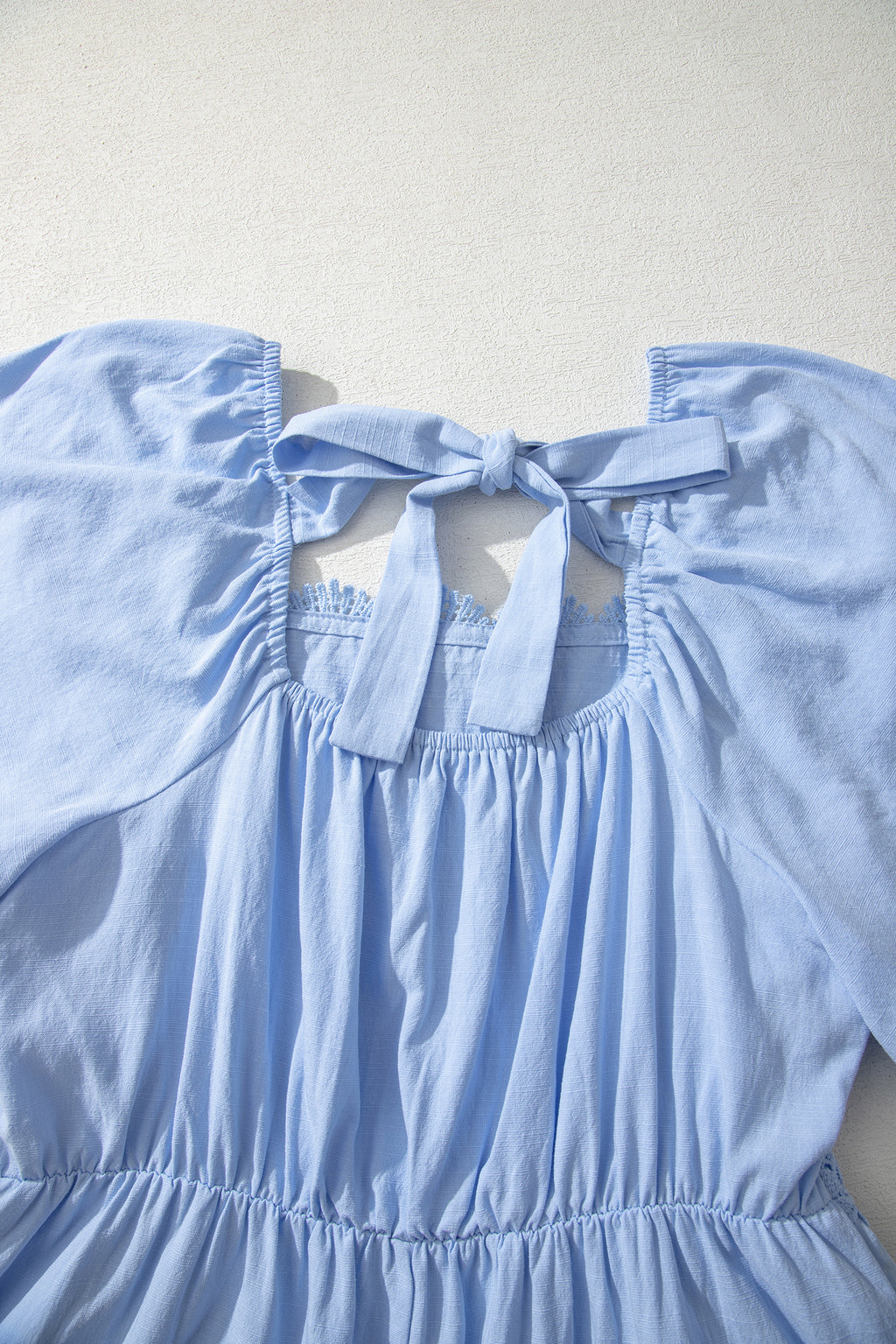 Women's Blue Flowy Short Sleeve Lace Detail Square Neck Tiered Midi Dress S-XL at LivelyLooks