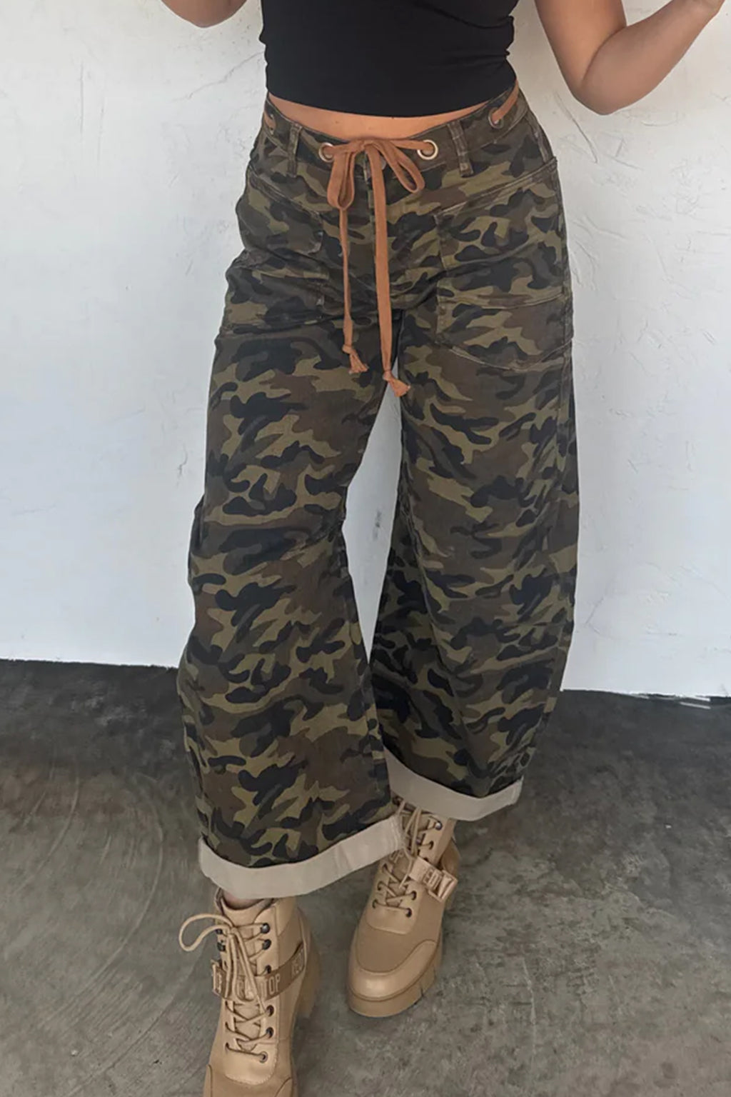 Multicolour Camouflage Print Retro Grommet Tie Waist Loose Jeans | UK 8–20