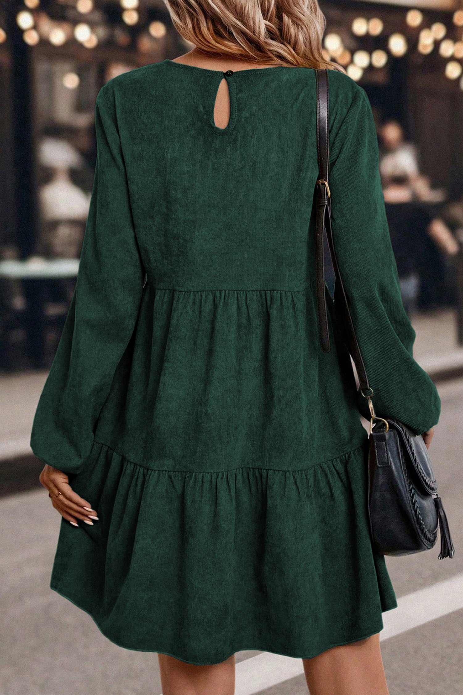Lantern Sleeve Tiered Mini Dress | Black, Dark Brown & Mist Green | UK 8–22