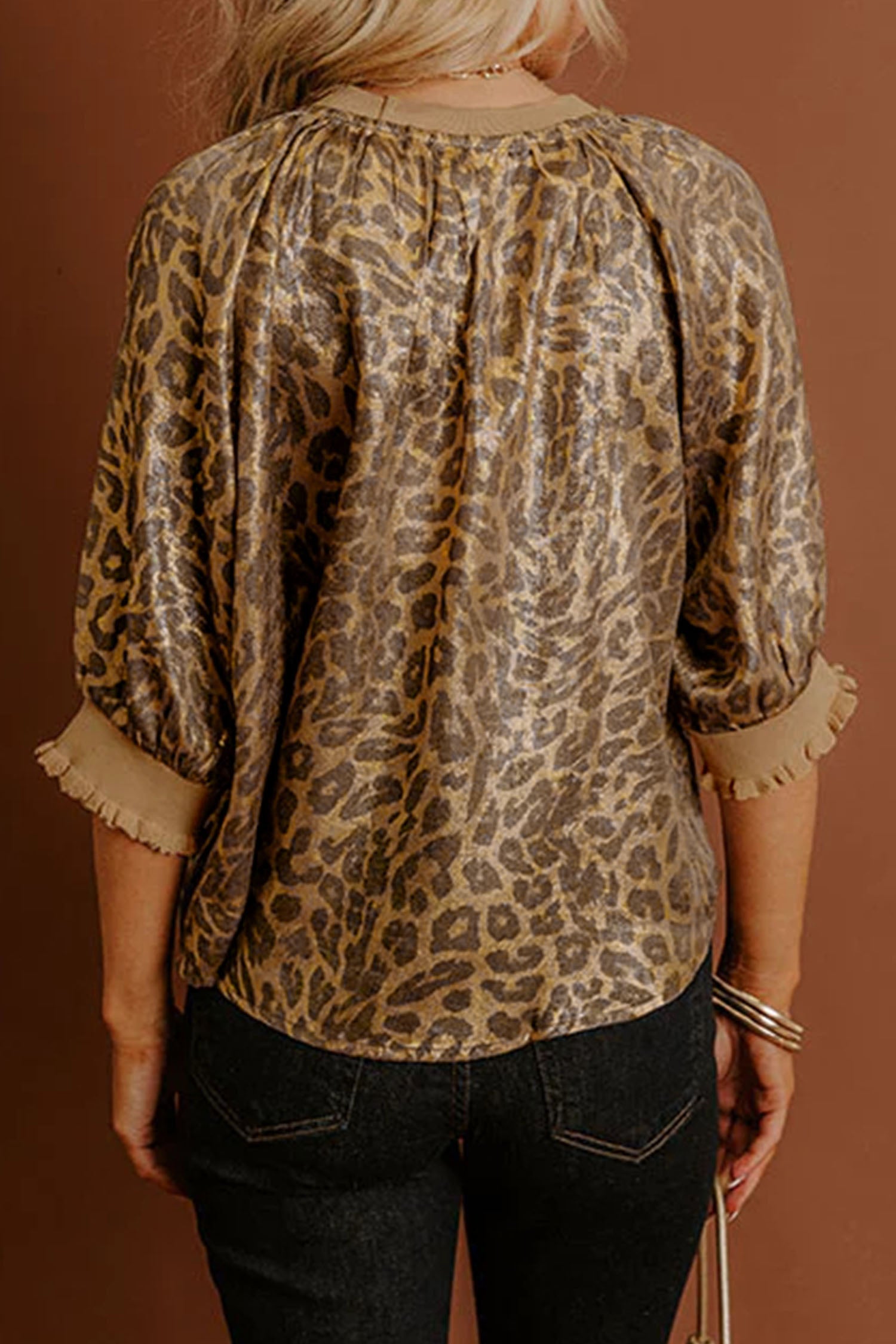 Gold Half Sleeve Metallic Leopard Print Blouse | UK 12–20