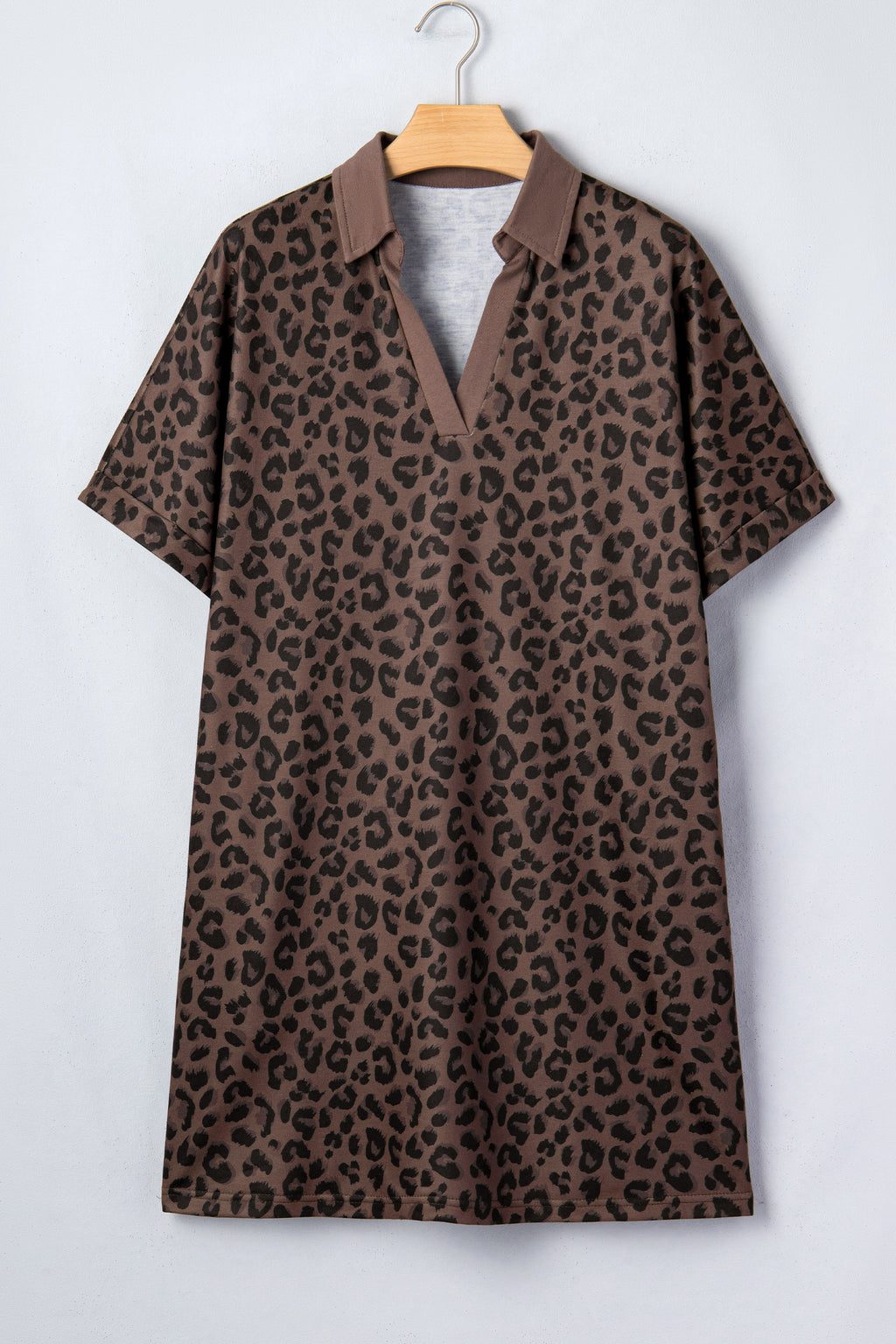 Brown Leopard Print Contrast Collar V Neck Mini Dress S-XL
