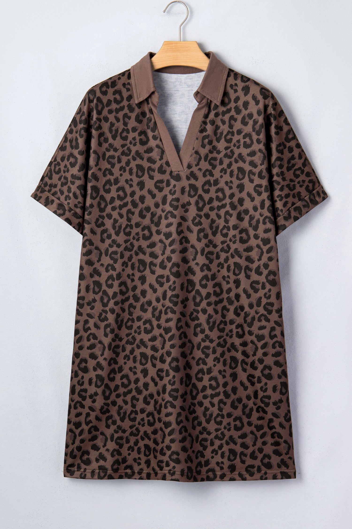 Brown Leopard Print Contrast Collar V Neck Mini Dress S-XL