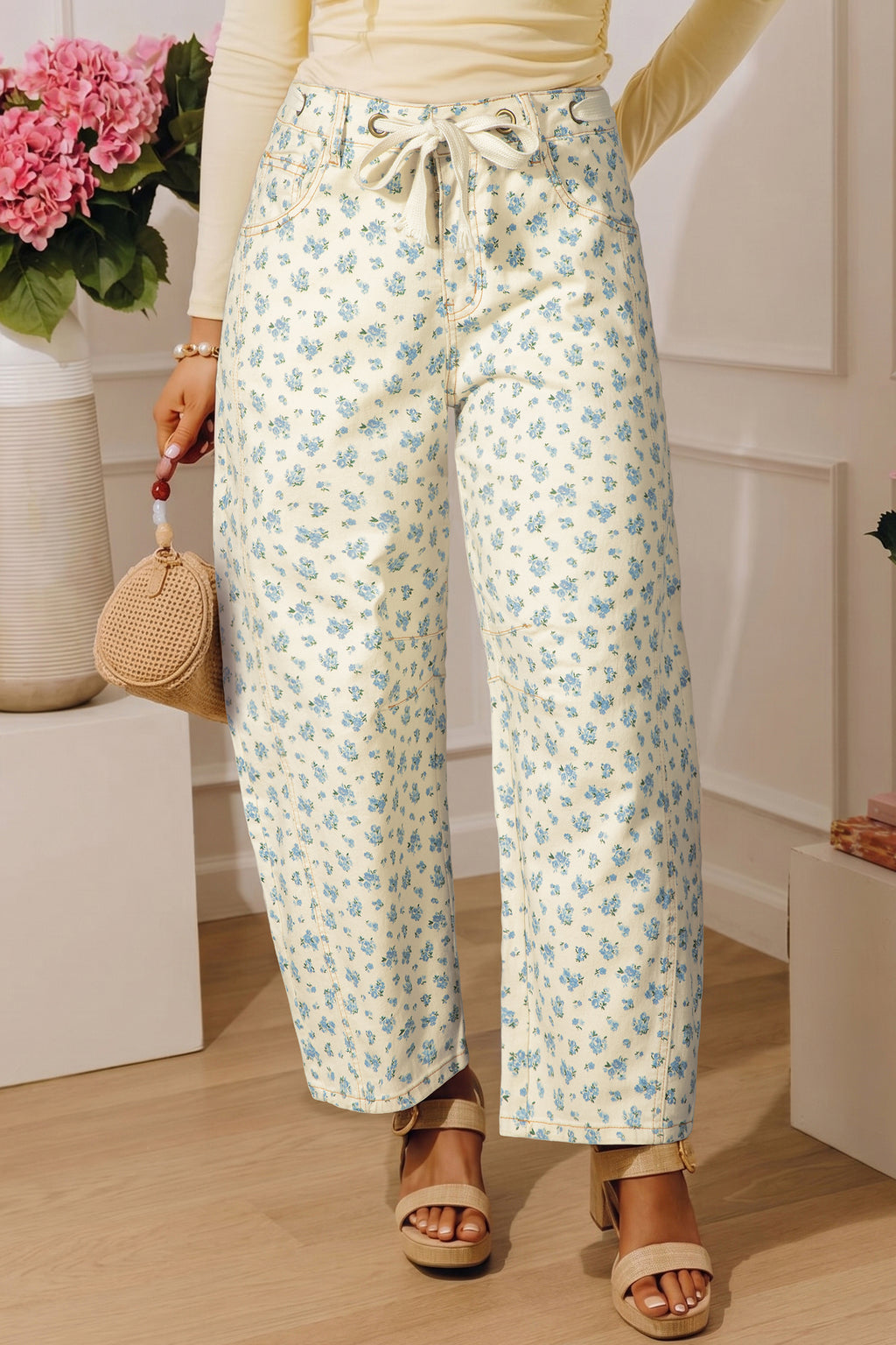 Beige Grommet Knot Waist Floral Barrel Leg Jeans | UK 8–18