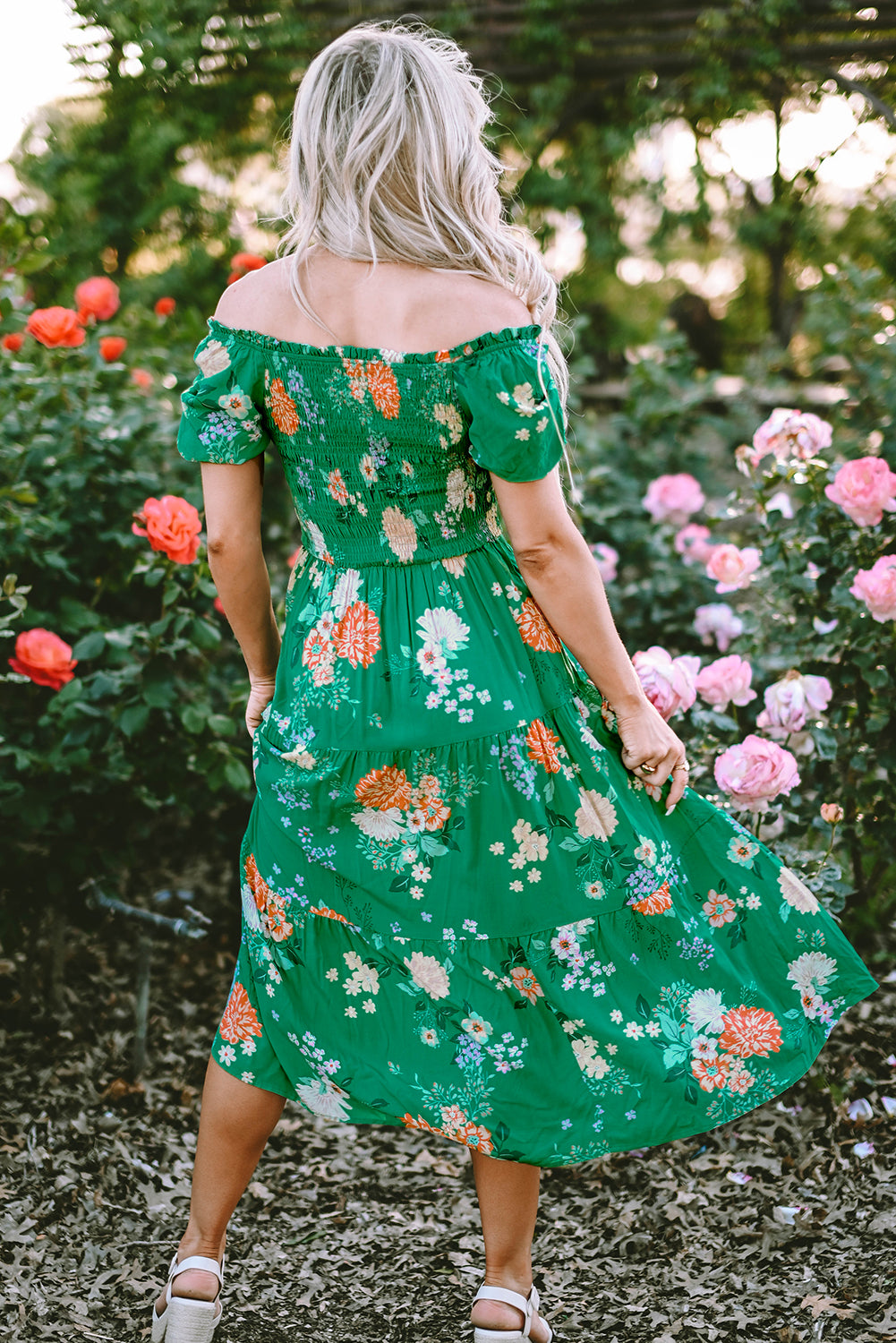 LivelyLooks Green Floral Bubble Sleeve Smocked Tiered Midi Dress women's fashion