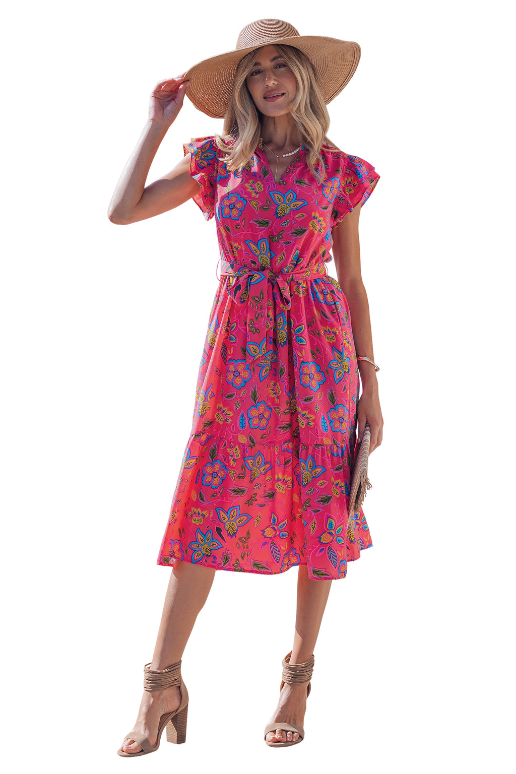 Women's Rose Flutter Sleeve Belted Floral Maxi Dress at LivelyLooks