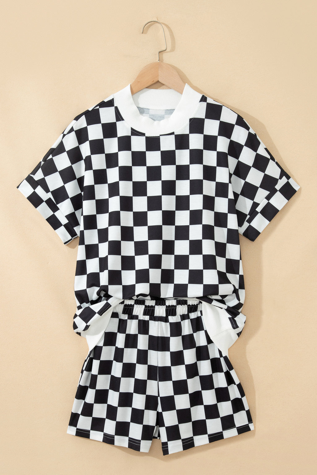LivelyLooks Pink Checkered Print Colour Block Trim Mock Neck Short Set Two Piece Co-ord PJ women's fashion