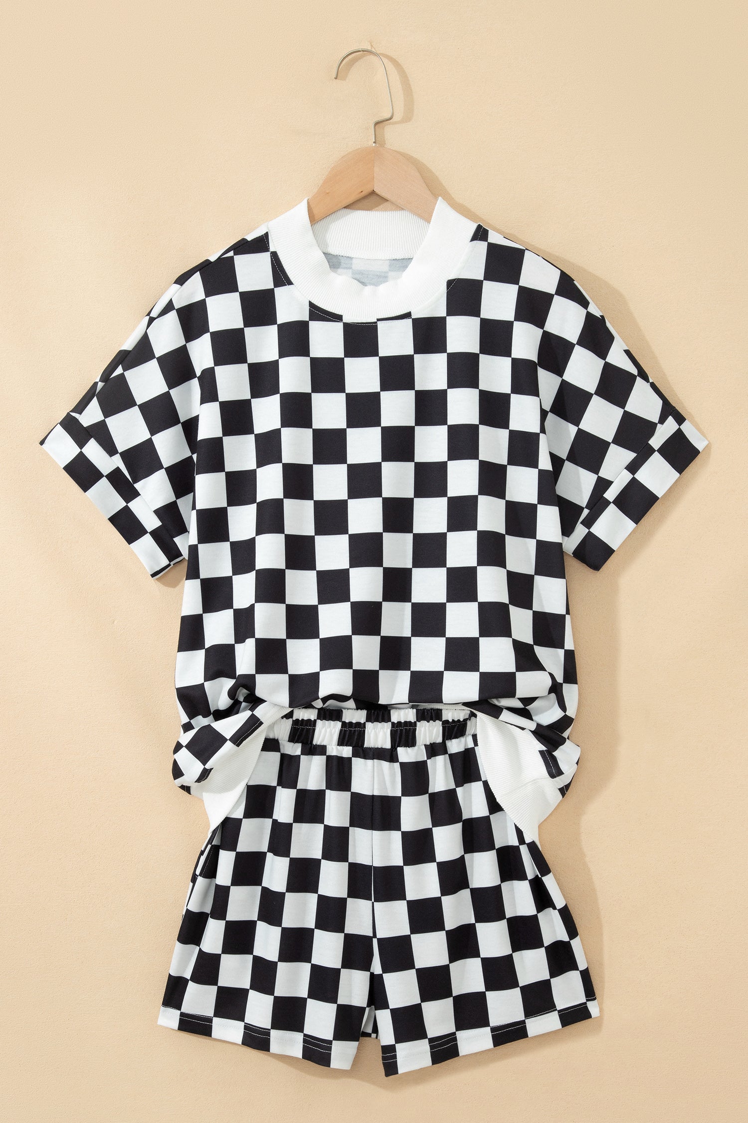 LivelyLooks Pink Checkered Print Colour Block Trim Mock Neck Short Set Two Piece Co-ord PJ women's fashion
