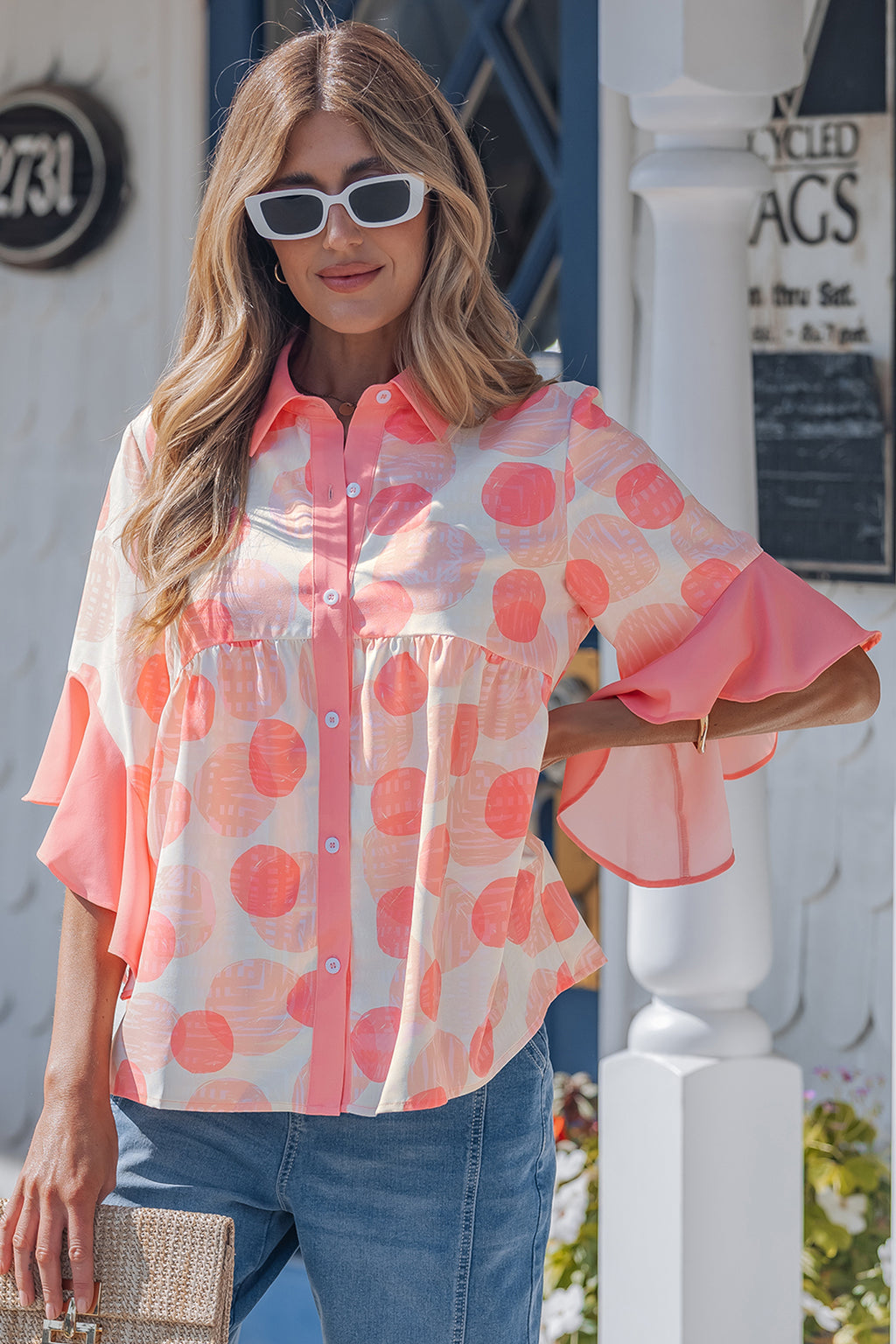 Women's Pink Polka Dot Babydoll Shirt Ruffle Trim Short Sleeve S-XL at LivelyLooks