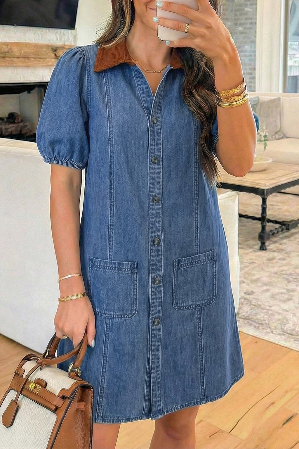 Women's Blue Denim Puff Sleeve Colour Block Shirt Collar Patchwork Mini Dress at LivelyLooks