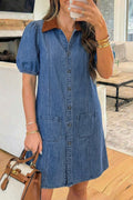 Women's Blue Denim Puff Sleeve Colour Block Shirt Collar Patchwork Mini Dress at LivelyLooks