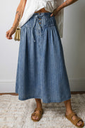 Sky Blue Stripe Pintuck High Waist Drawstring Denim Midi Skirt