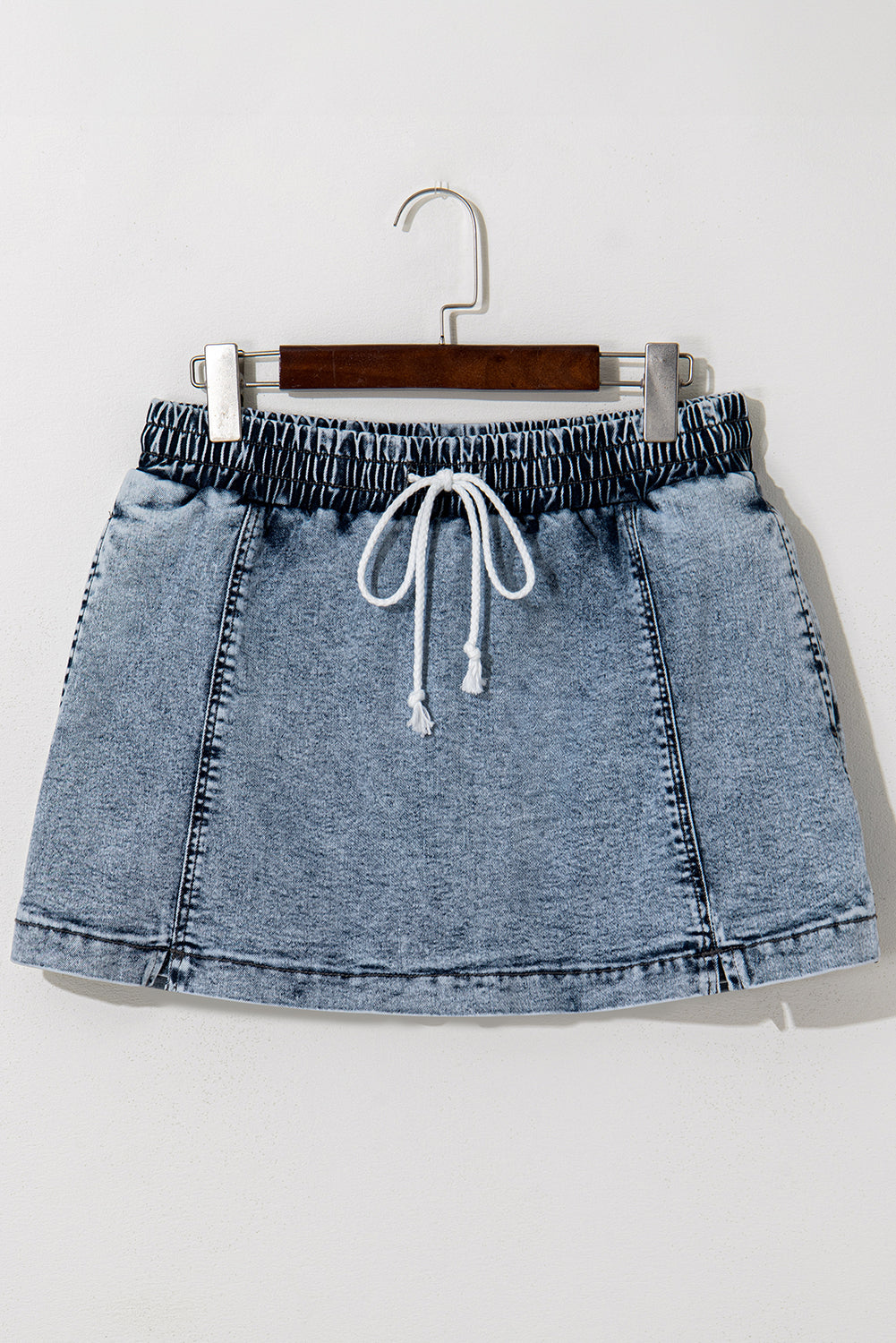 Shop Dusk Blue Drawstring Elastic Waistband Pocketed Denim Skort Skirt Shorts Summer at LivelyLooks