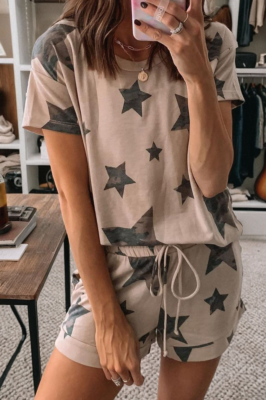 Women's Khaki Camo Star Print Short Sleeve Lounge Set S-XL